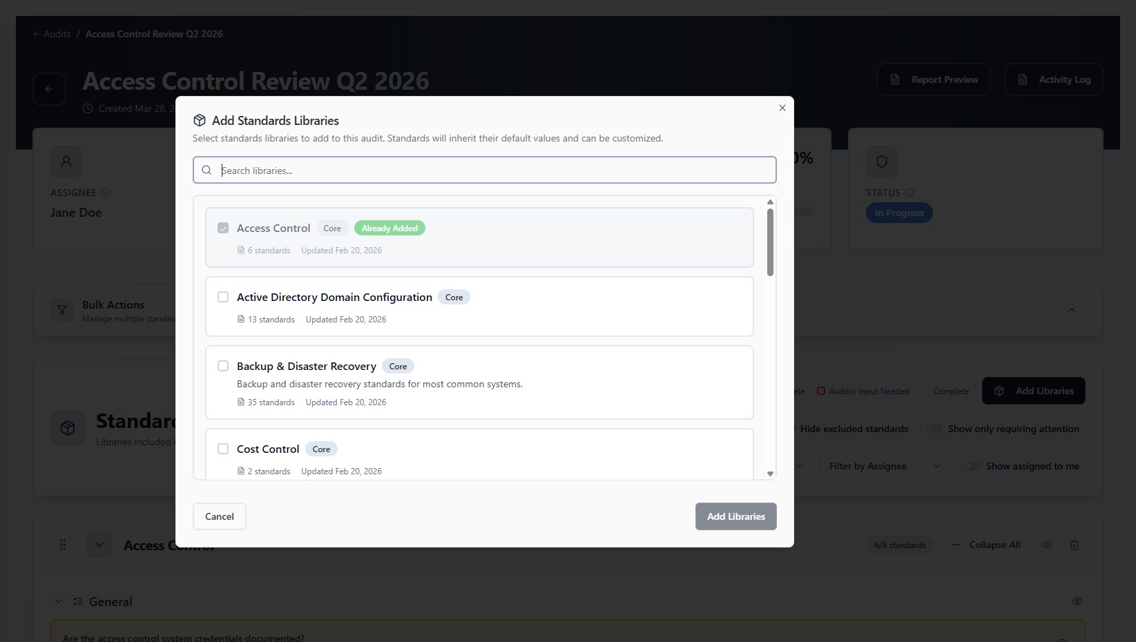 Selecting from curated standards libraries or building custom ones