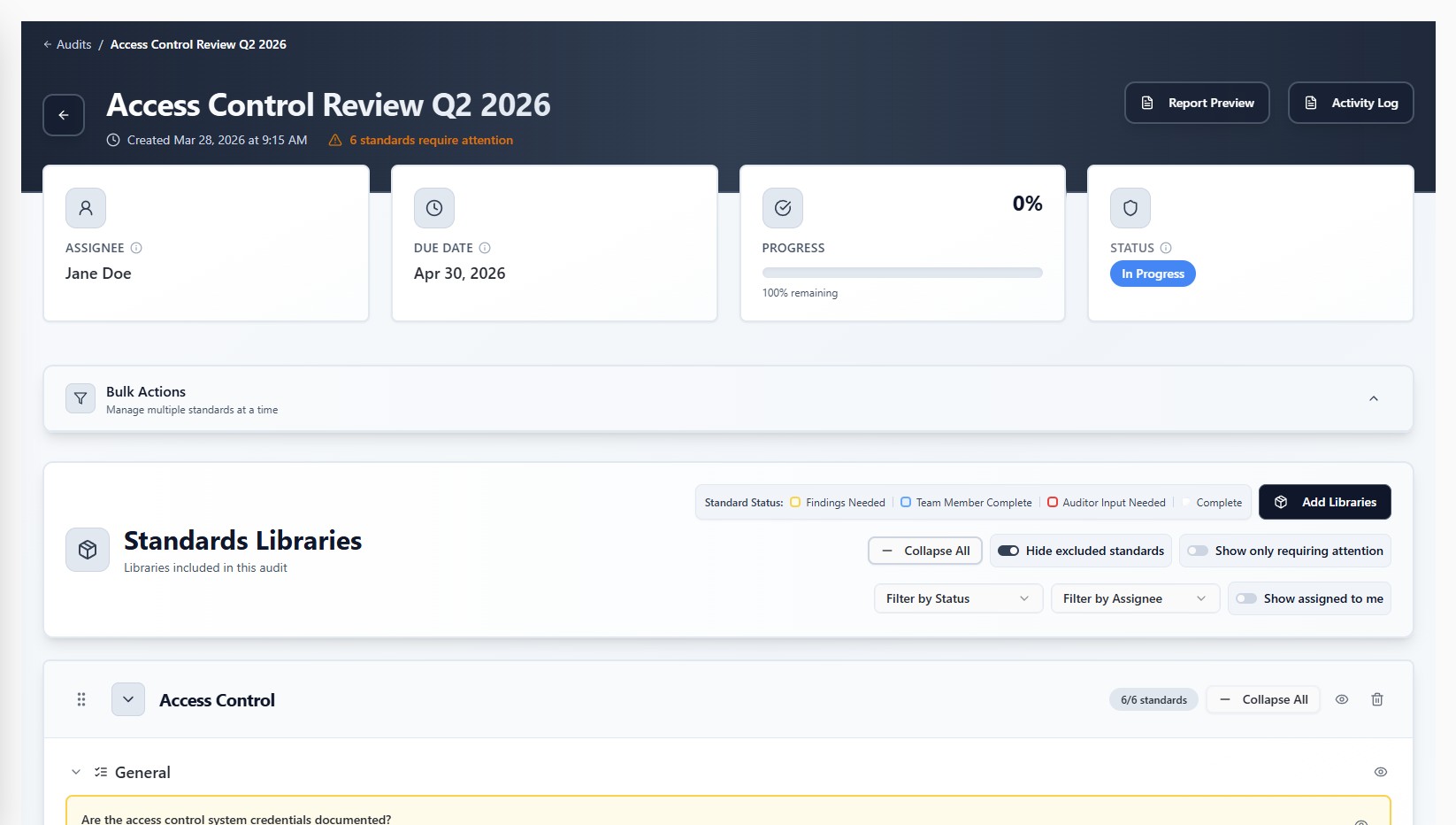 Spectra Core audit detail view showing assignees, due dates, progress and standards libraries