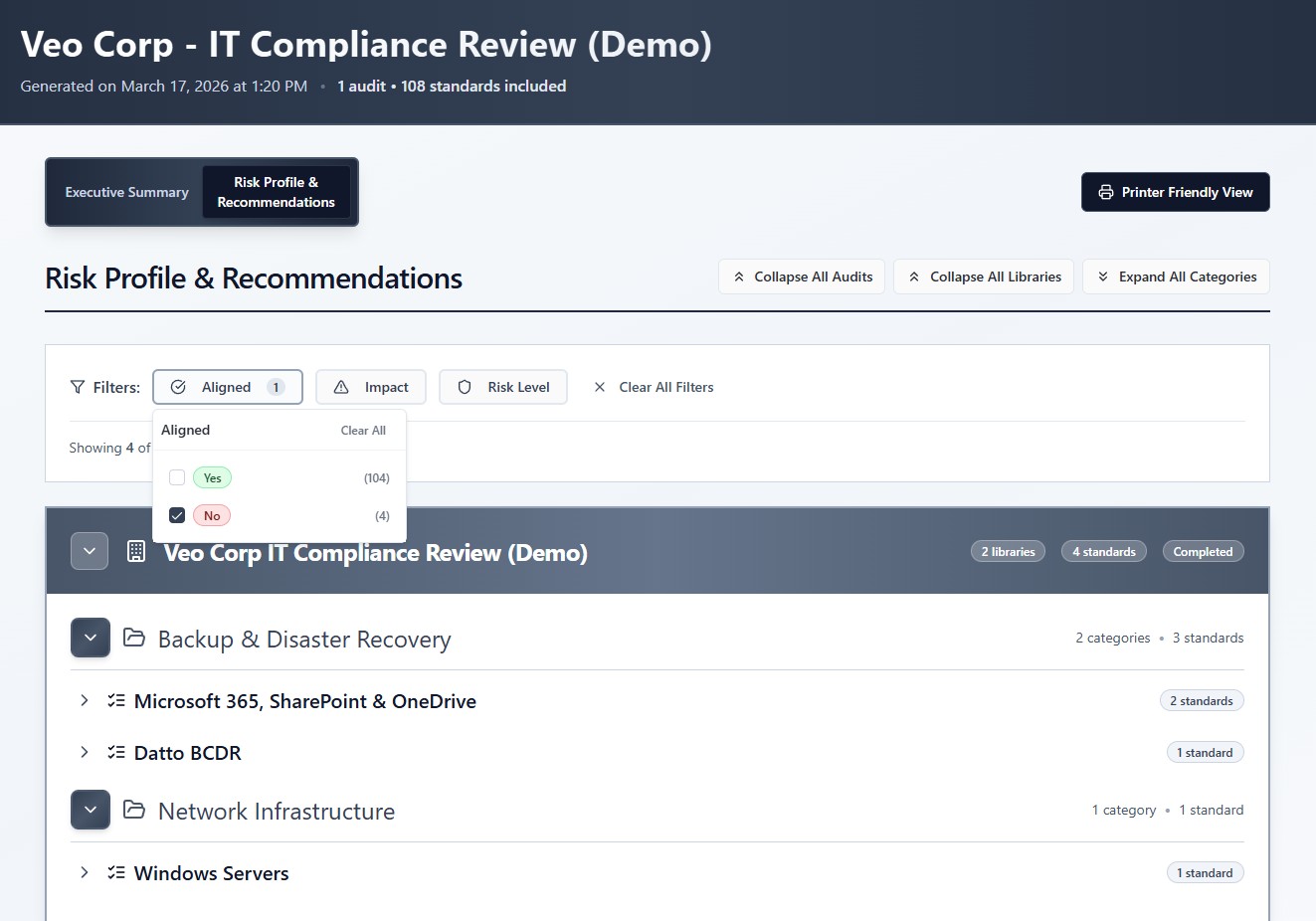 Recipients filter the report by alignment status, impact and risk level