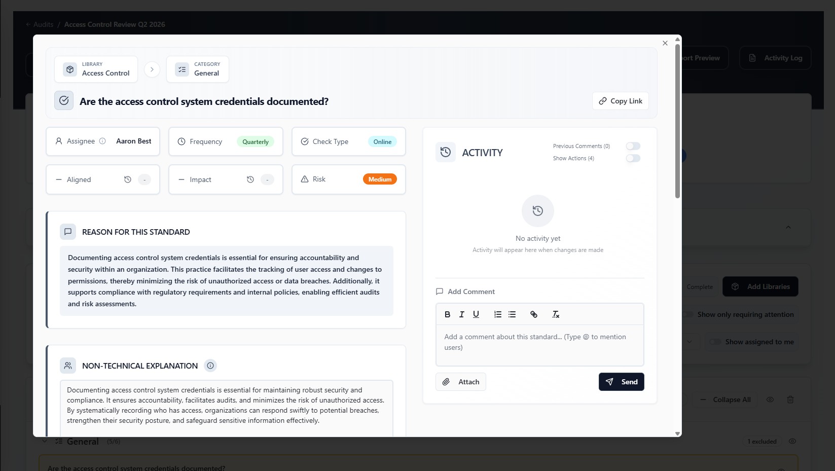 Each standard shows its assignee, risk level and rationale, with an activity feed