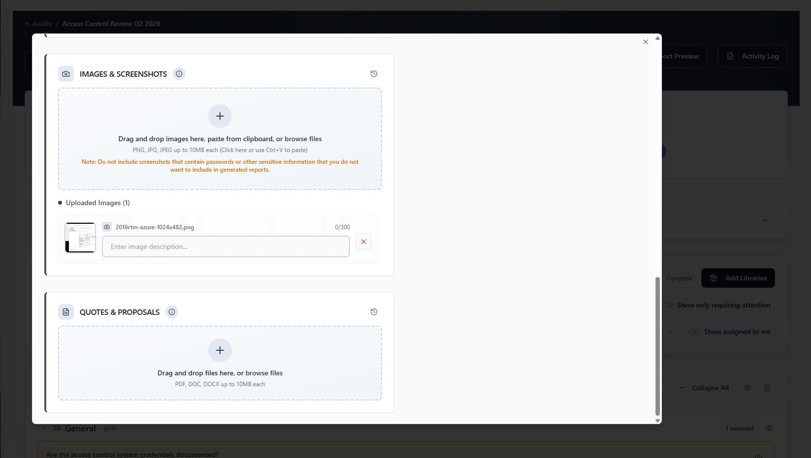 Engineers upload supporting screenshots and attach quotes or proposals inside each standard